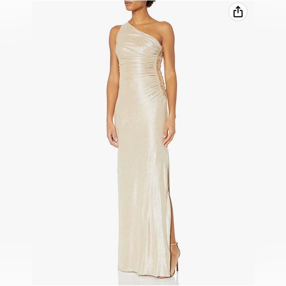 Calvin Klein, one shoulder sparkly gold dress with slit, beading down the side.